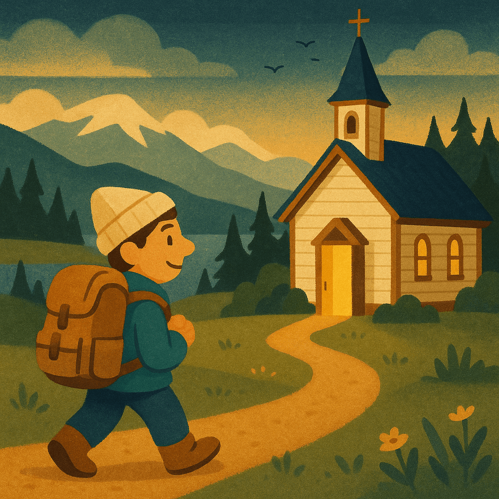 A traveler with a backpack walking toward a welcoming church in a scenic Canadian landscape