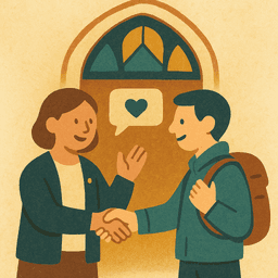 Church member and traveler shaking hands