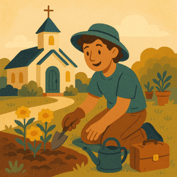 Traveler volunteering and gardening at a church